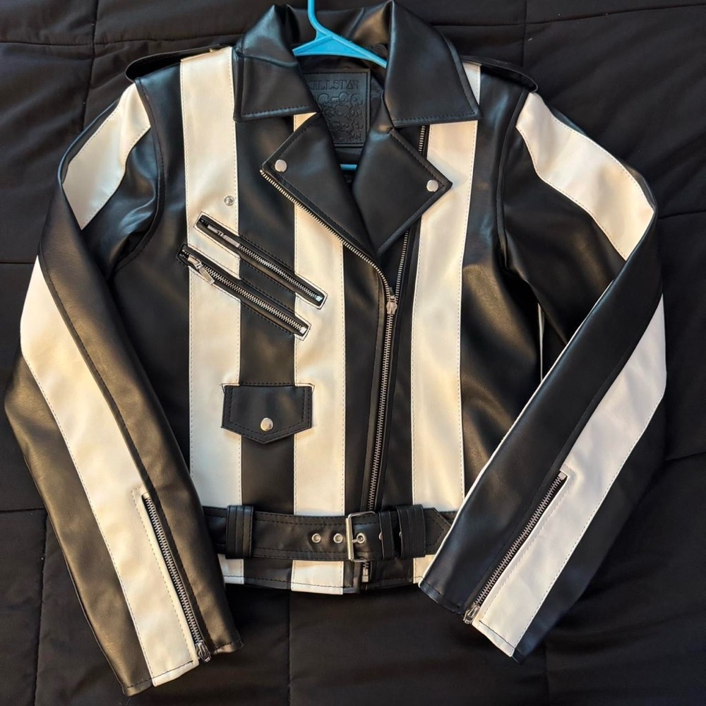 Killstar Monochrome Striped Leather Jacket